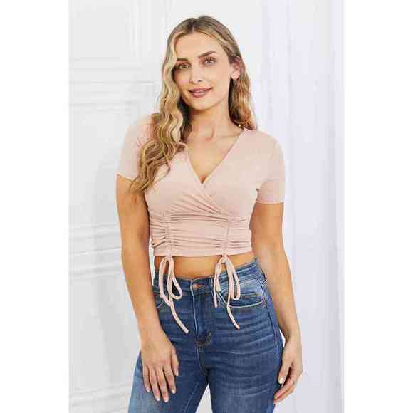 Capella Tops - Capella Back To Simple Full Size Ribbed Front Scrunched Top in Blush